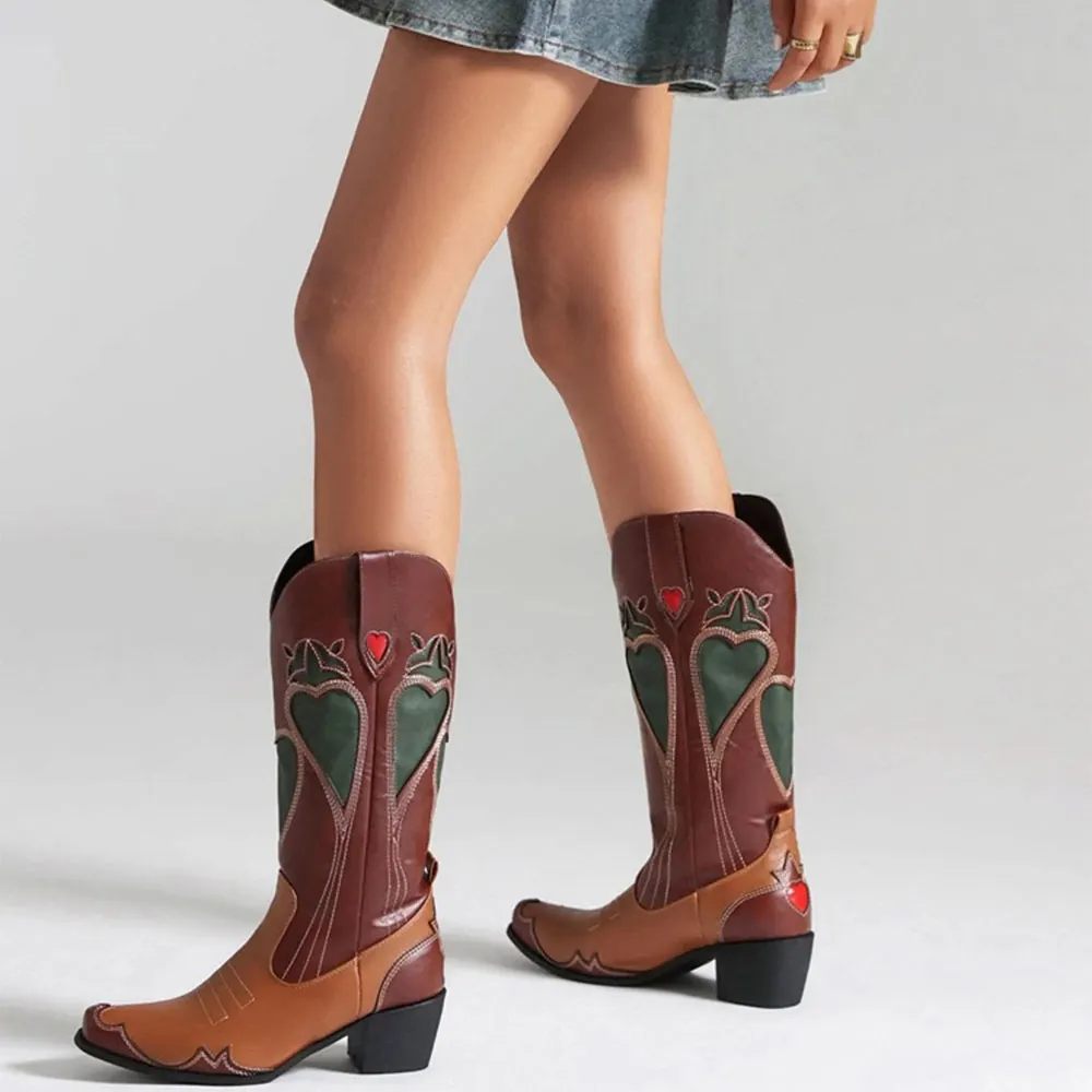 Tan & Brown Block Heel Patchwork Mid Calf Snip Toe Western Boots