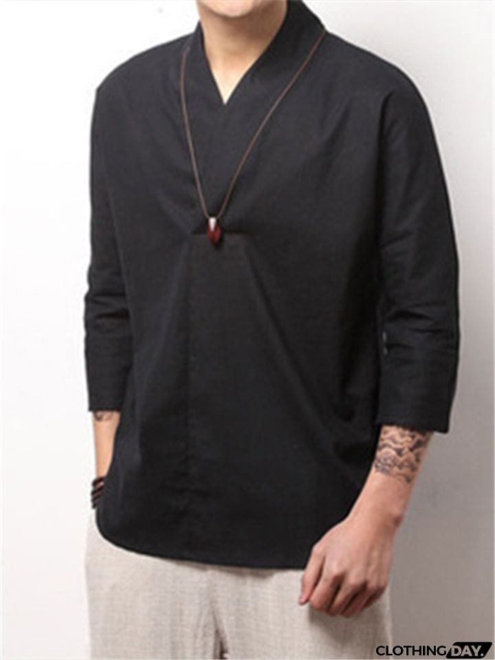 Men Loose 3/4 Sleeve Solid Color Shirts