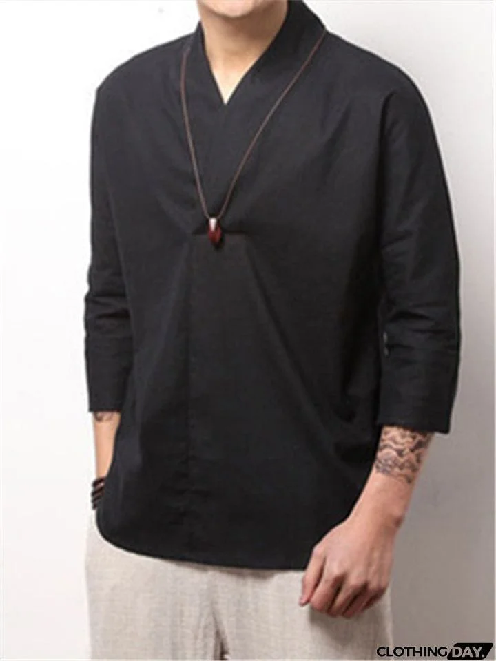 Men Loose 3/4 Sleeve Solid Color Shirts