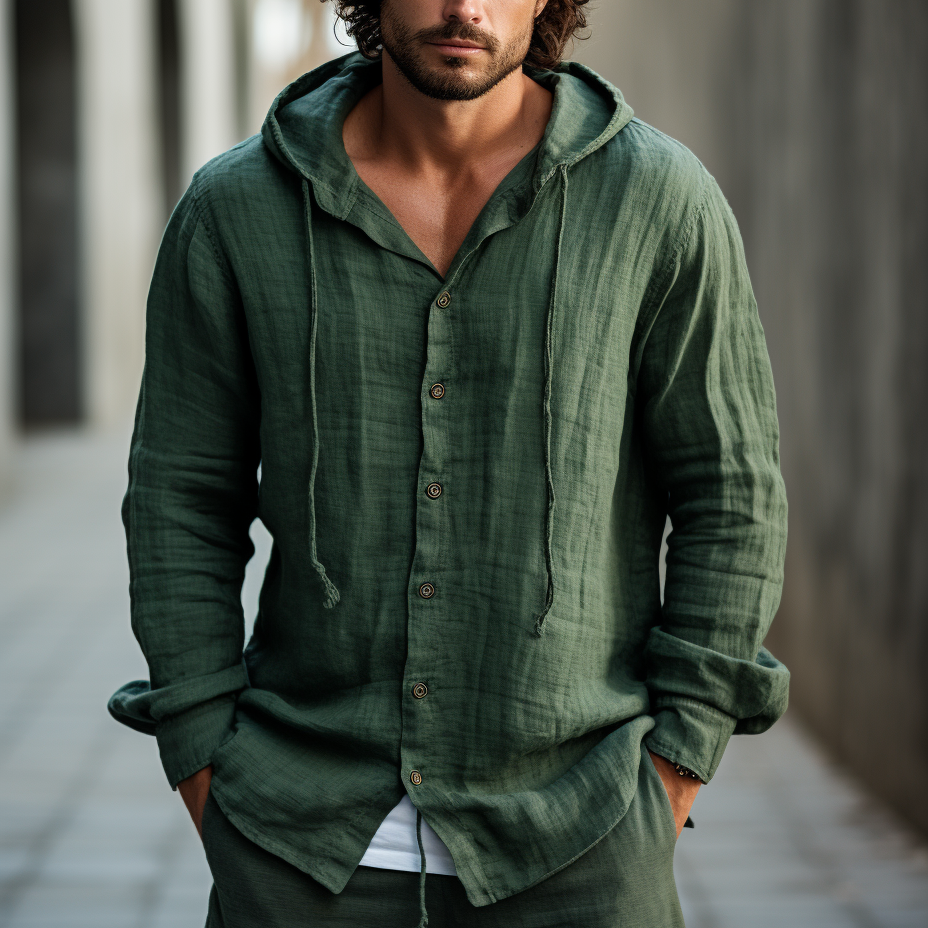 Men's Vacation Style Plain Linen Simple Casual Bohemian Button Hooded Top-inspireuse