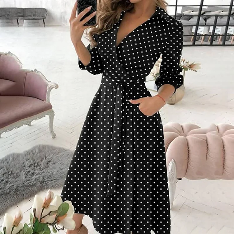 Elegant Print Printing Turndown Collar A Line Dresses