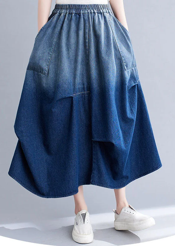Stylish Blue Wrinkled Asymmetrical Pockets Patchwork Denim Skirts Summer