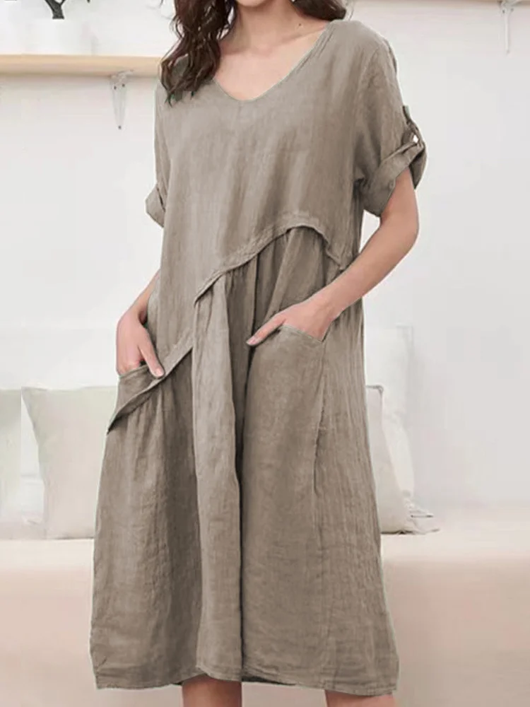VChics V-Neck Pocket Design Cozy Cotton Linen Dress