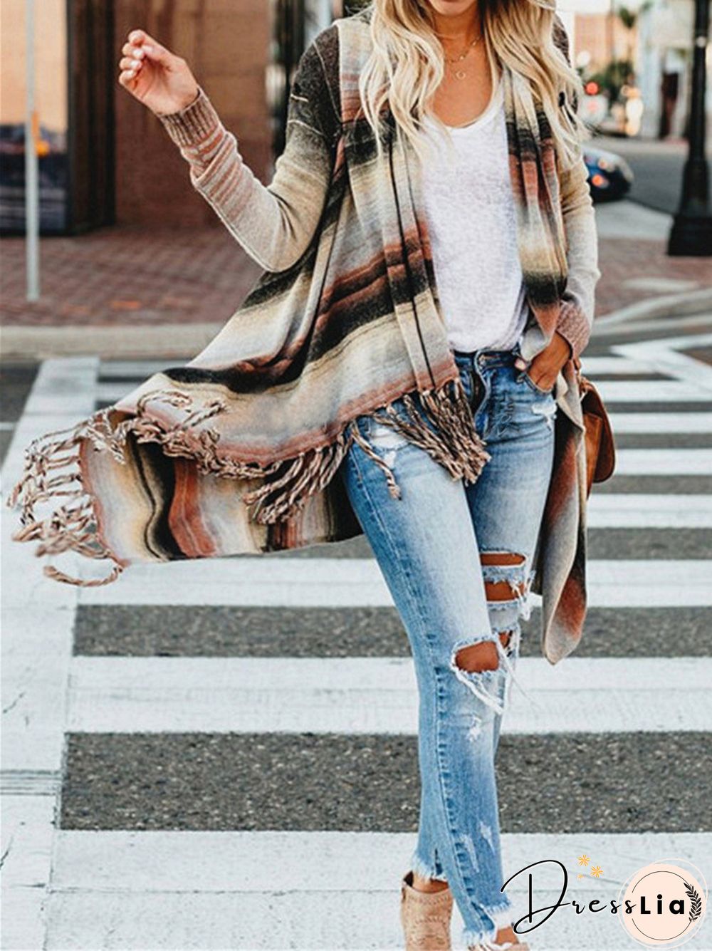 Striped Tessel Hem Long Sleeve Cardigan