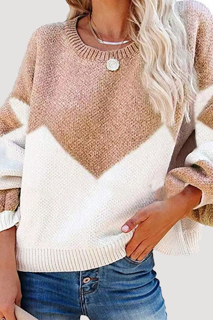 Casual Geometric  Contrast O Neck Tops Sweater - Life is Beautiful for You - SheChoic