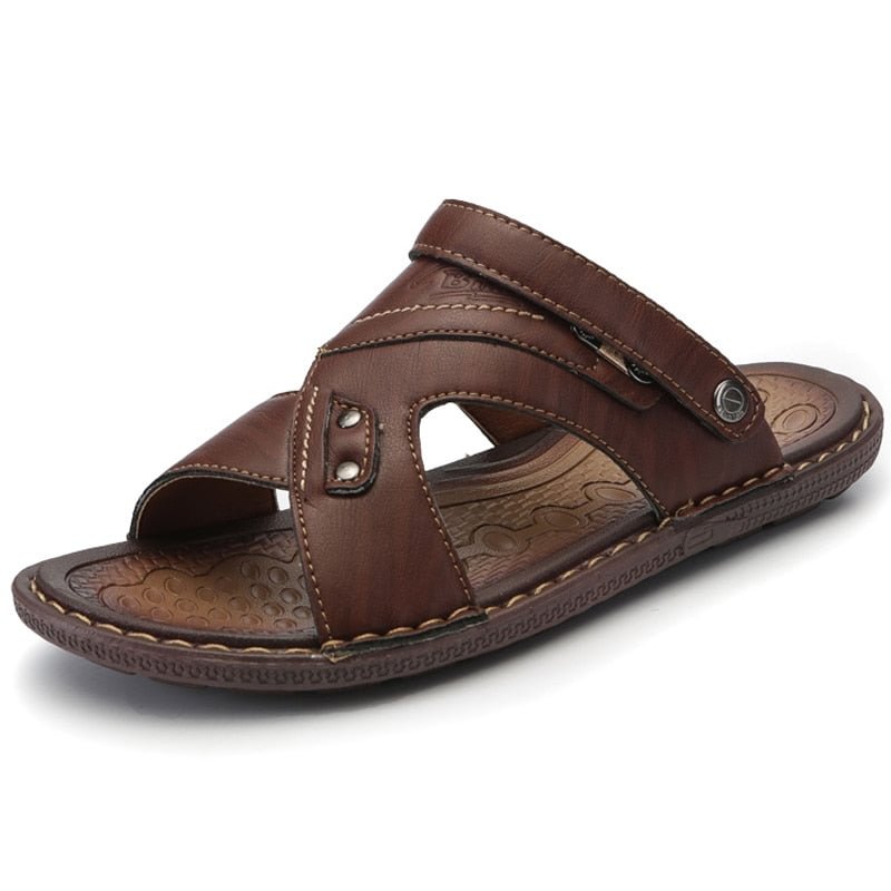 Brand Men's Sandals Summer Genuine Leather Sandals Men Original Outdoor Breathable Men Footwear Soft Leather Metal Men Slippers