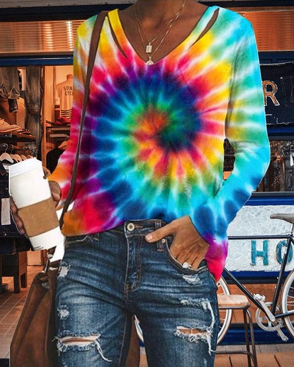 Women V-neck Casual Tie Dye Shirts