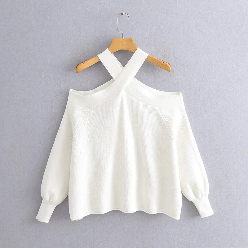 Spring and autumn female casual solid color sweater hanging neck strapless loose sweater