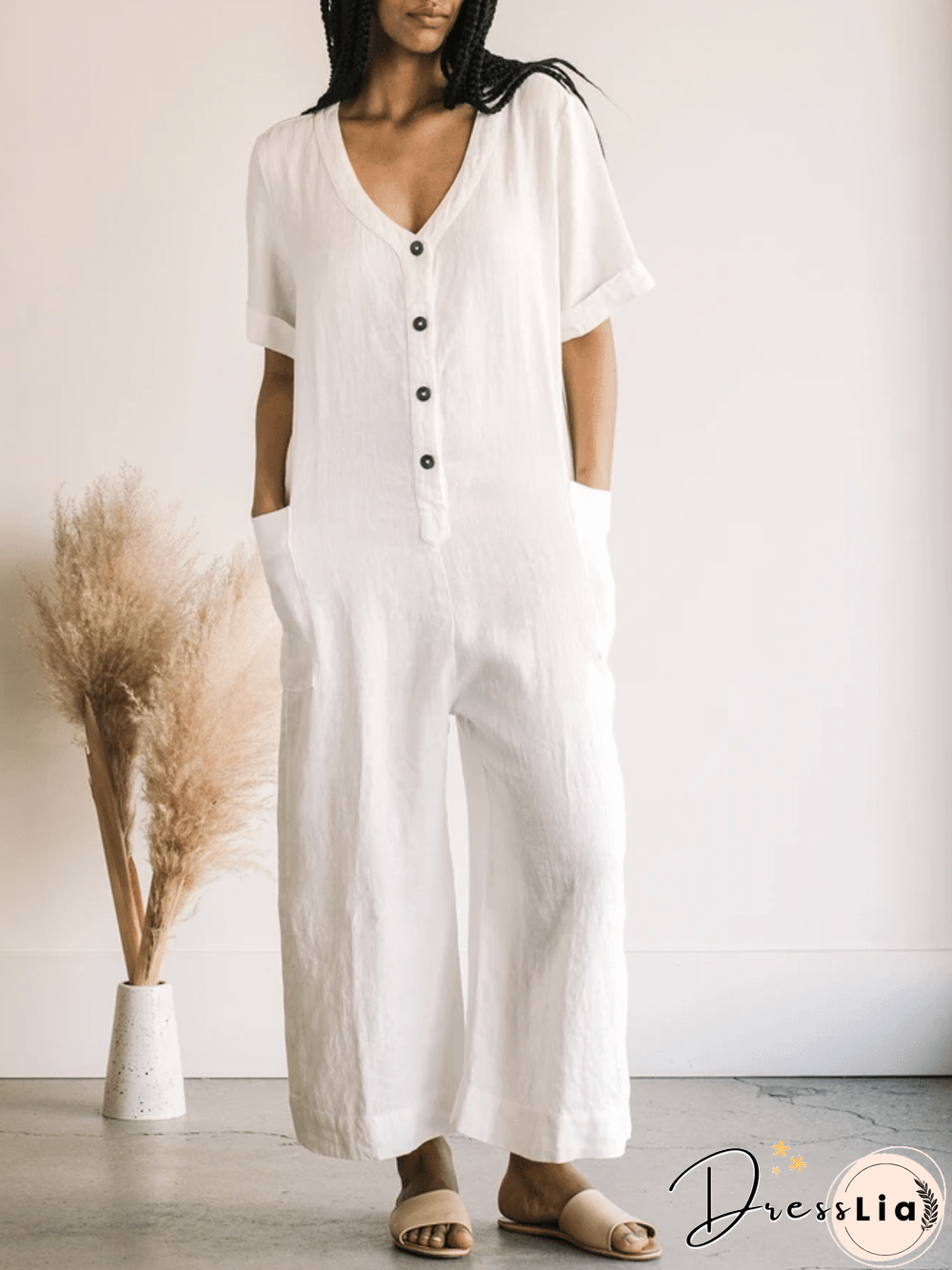 Casual Cotton-Blend Pockets Solid Jumpsuit & Romper