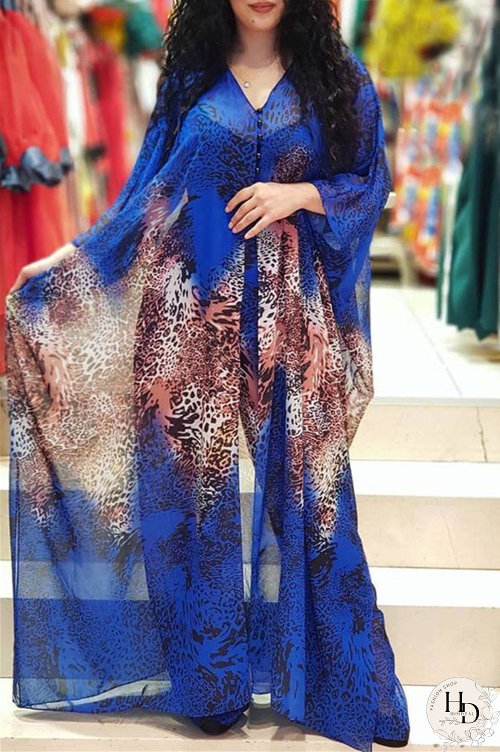 Blue Fashion Casual Print Slit V Neck Long Sleeve Two Pieces