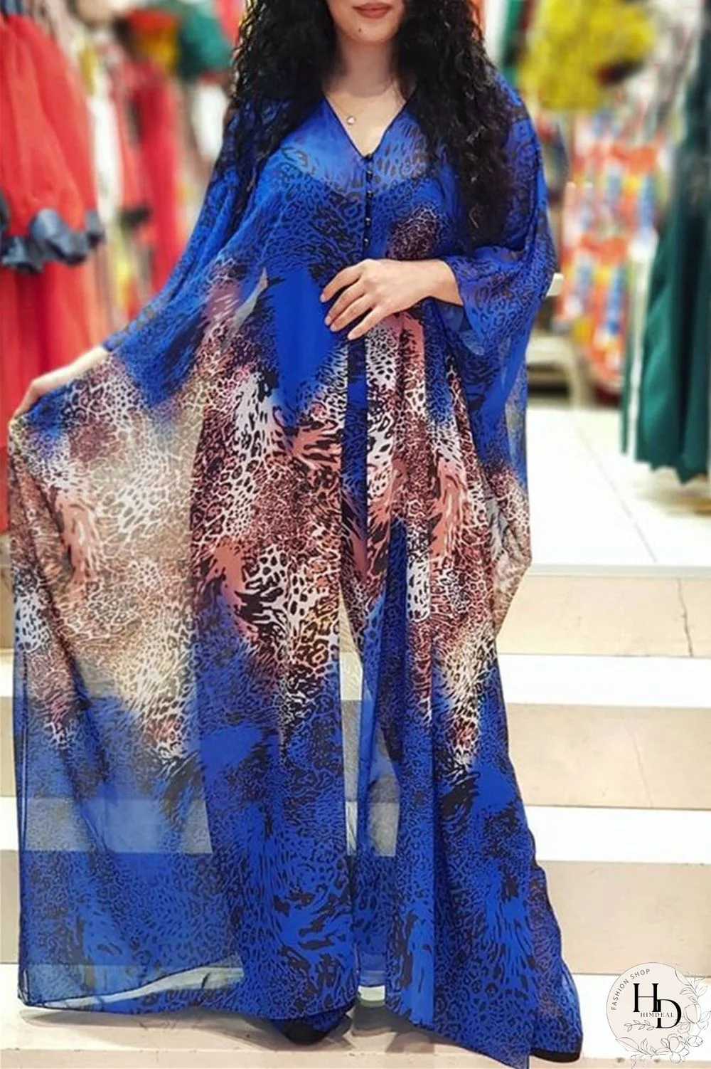 Blue Fashion Casual Print Slit V Neck Long Sleeve Two Pieces