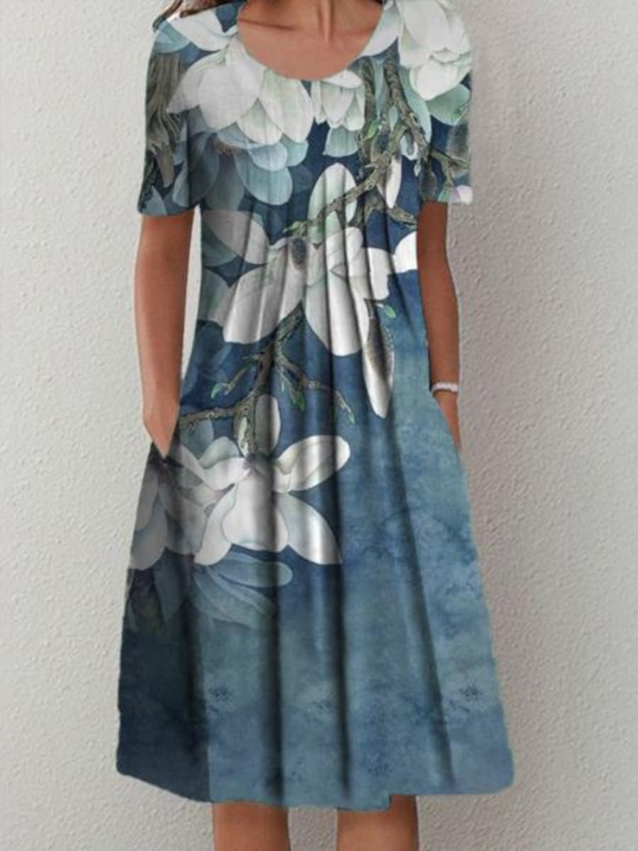Women Short Sleeve Round Neck Floral Printed Gray Midi Dress with Pockets