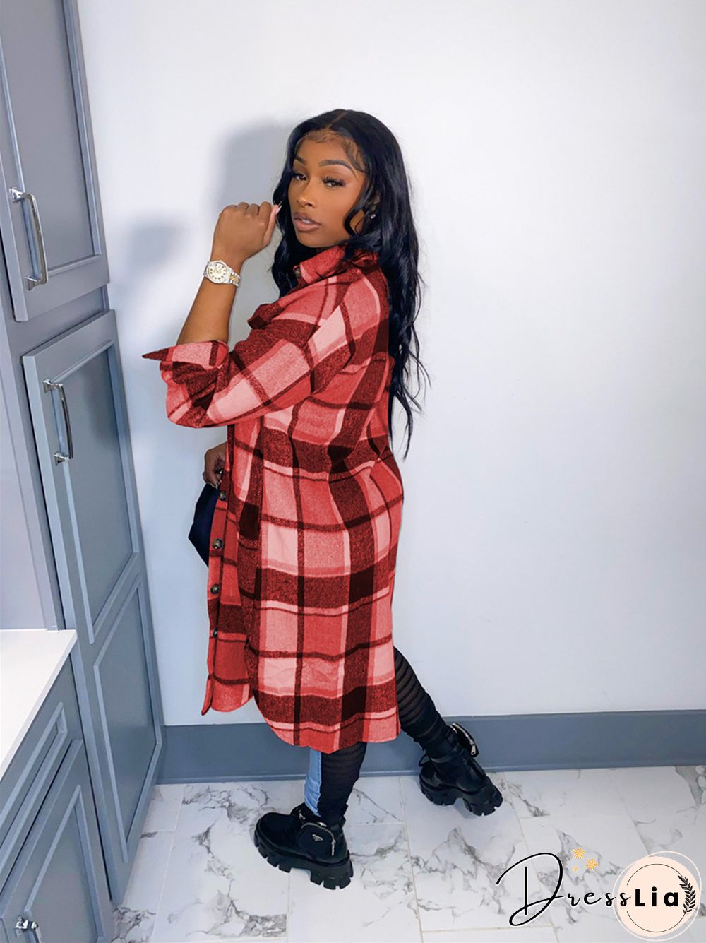Classic Plaid Shirt Woolen Long Coat