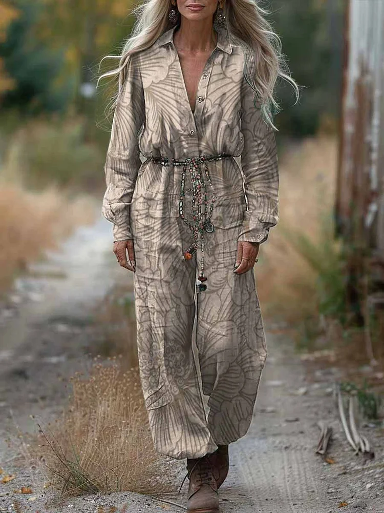 Women's Shirt Collar Solid Color Printed Casual Cotton Long Sleeve Wide Leg Jumpsuit