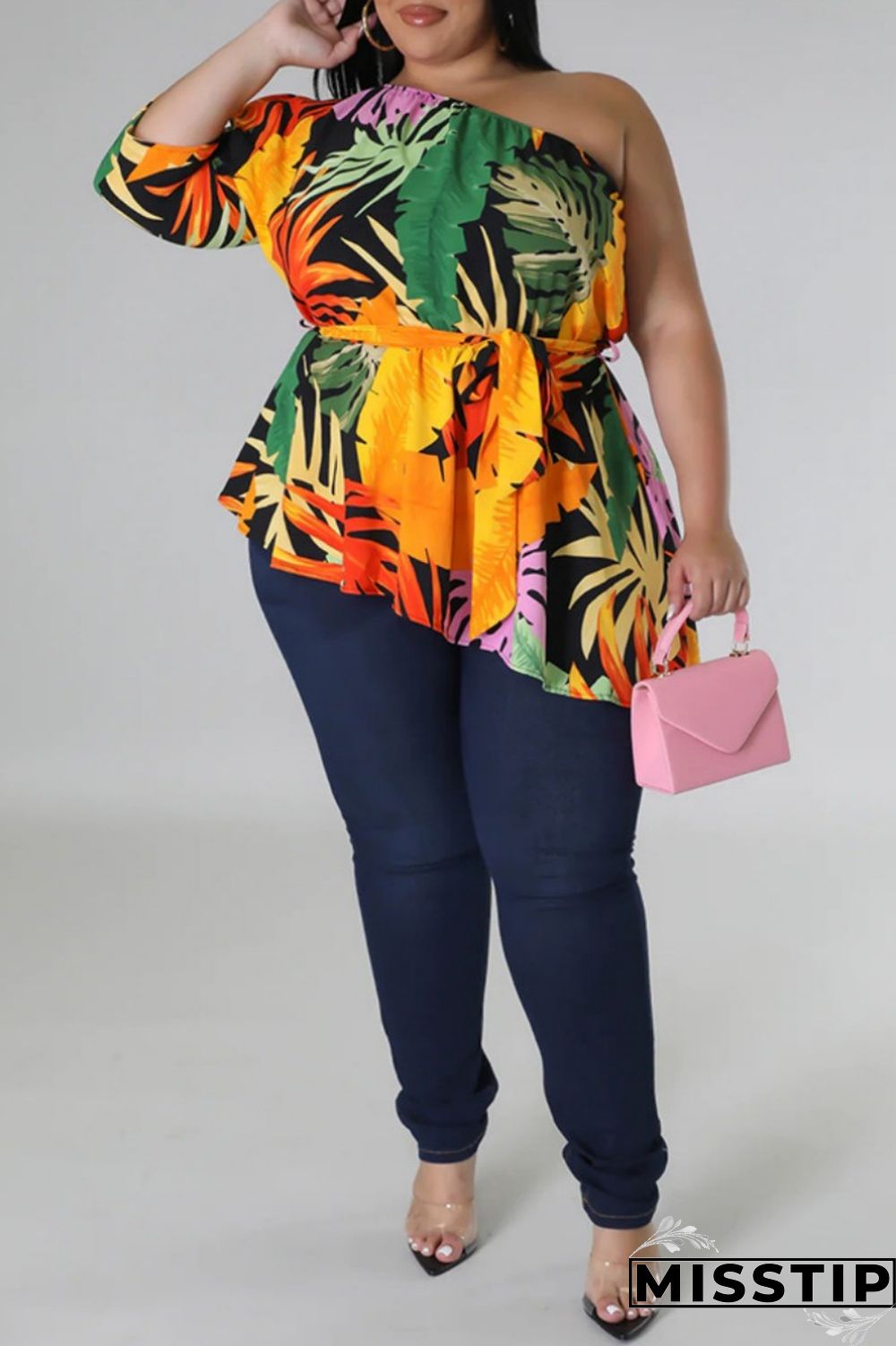 Black Yellow Casual Print Backless Oblique Collar Plus Size Tops