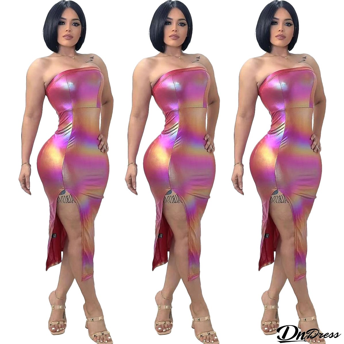 Women Clothing Features Shiny Gradient Pu-Leather High Slit Chest Wrap Dress