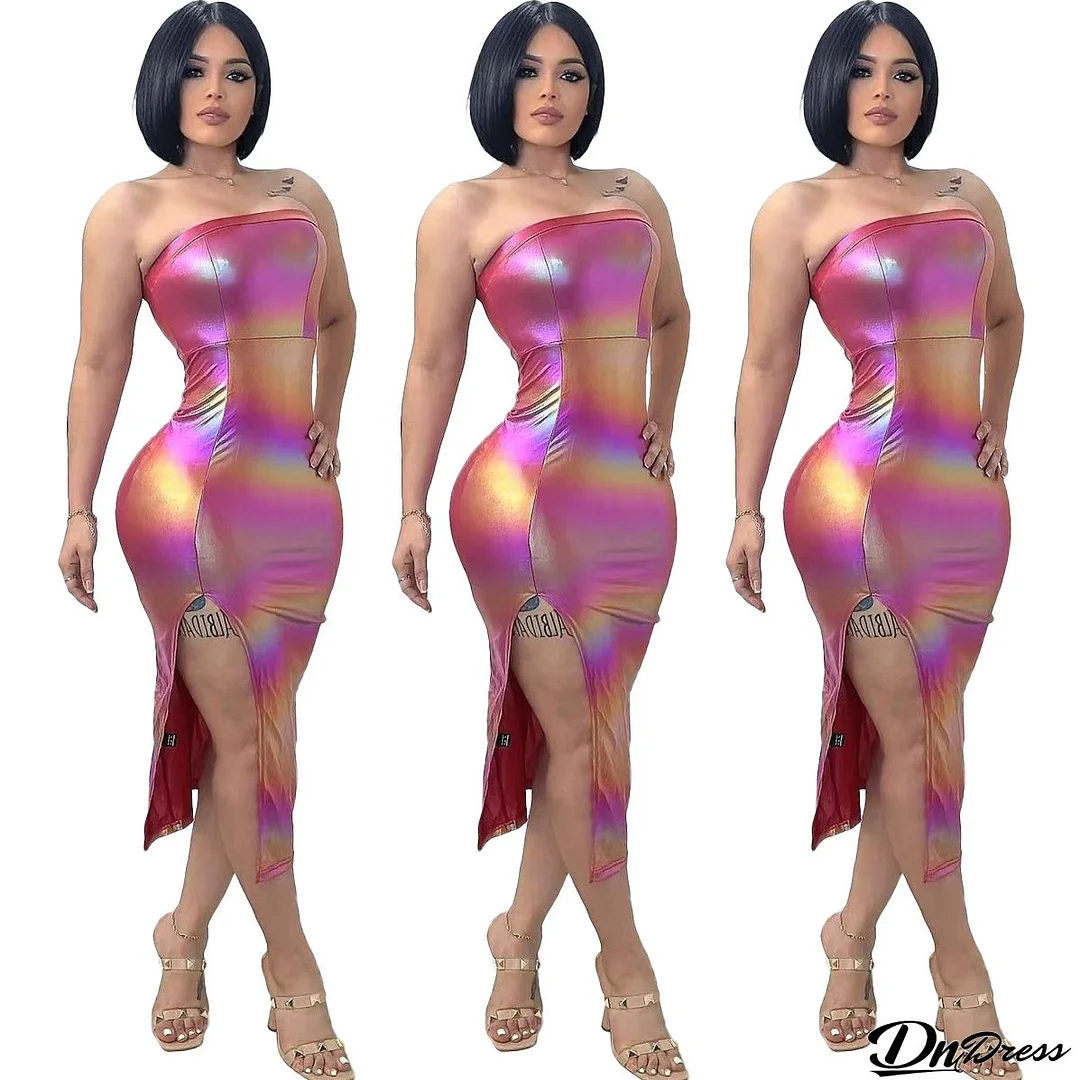 Women Clothing Features Shiny Gradient Pu-Leather High Slit Chest Wrap Dress