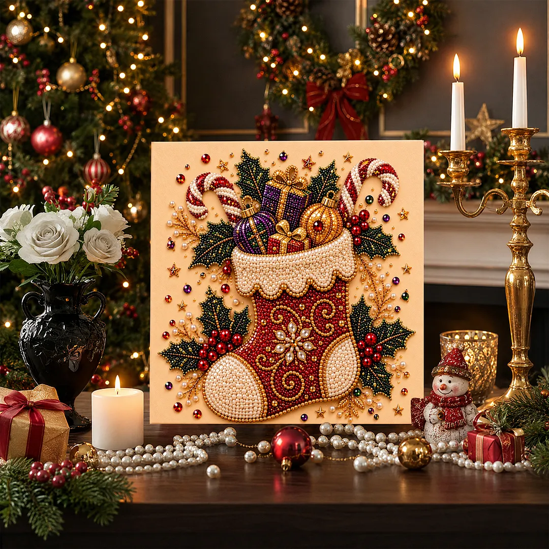 Framed Pearl Painting Kit Christmas Stocking 7.87x7.87in
