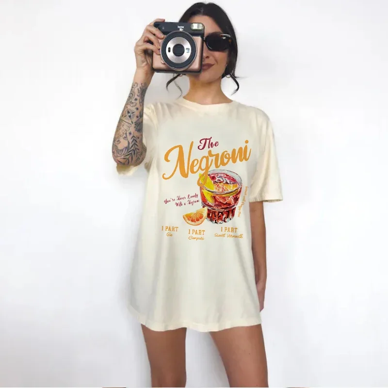 Retro Vintage Negroni Graphic T-shirt Cocktail Short Sleeve Loose Casual Tops Women Casual Tees