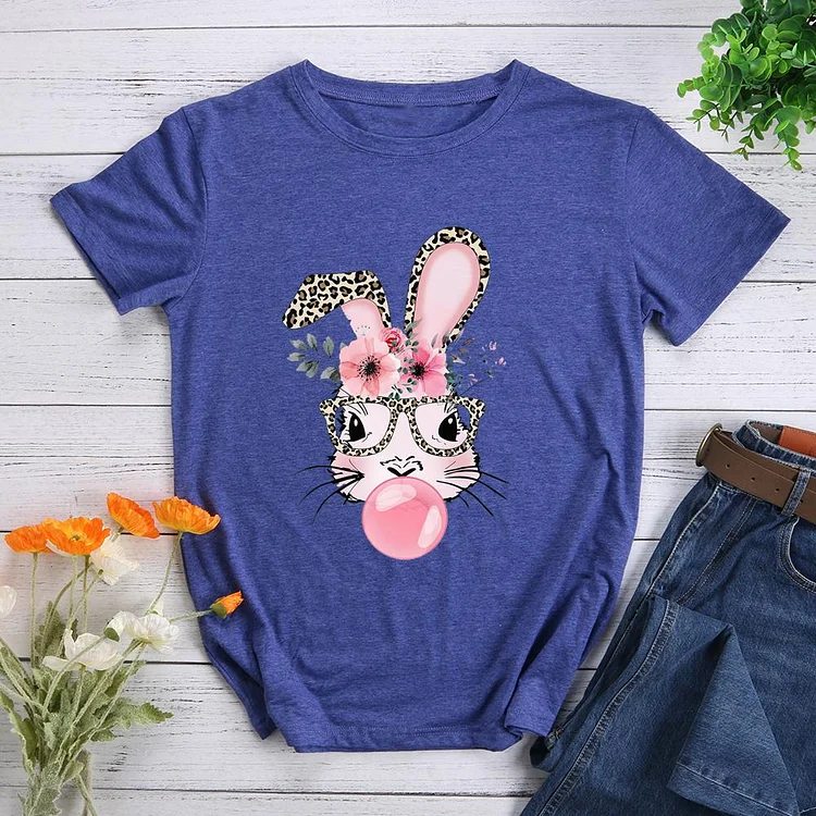 Bunny with Leopard Glasses Round Neck T-shirt-Annaletters