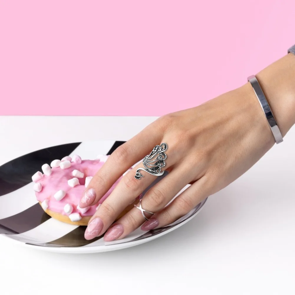 Women Vintage Alloy Ring Adjustable Thimble Crochet Loop (Silver Peafowl)
