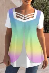 Plus Size Cross Strap Rainbow Print Short Sleeve Blouses