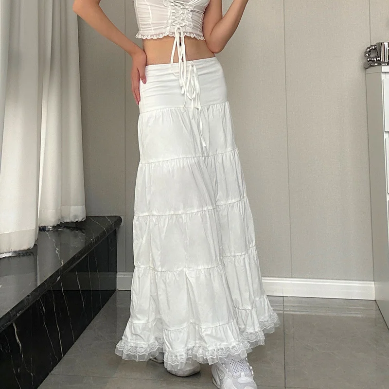 Huibahe Splicing Beach Holiday White Long Skirts Lace-up Low Waist Y2K Aesthetic Casual Solid Women Loose A-line Maxi Skirt New