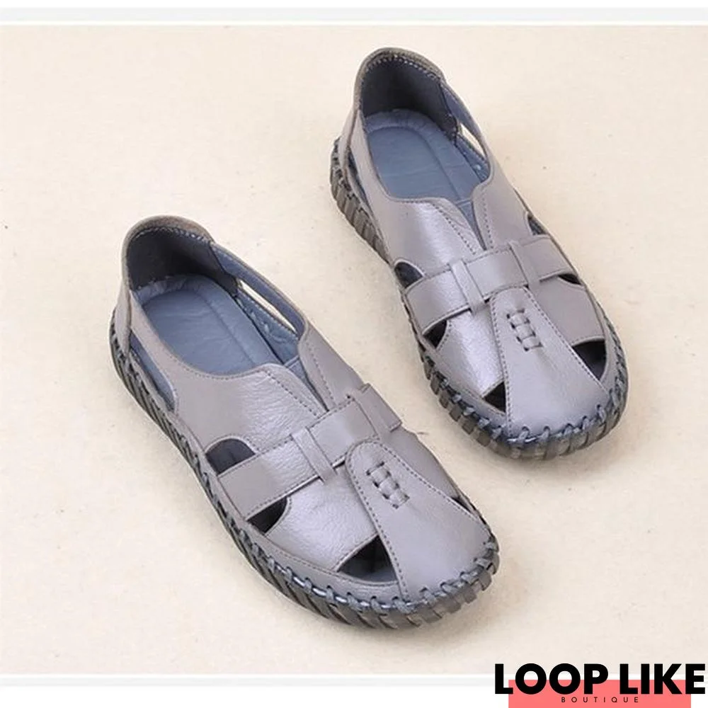 Women Genuine Leather Handmade Sandals Retro Style Mother Flats Shoes