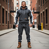 Men's Vintage Dark Gray White Waffle Quilted Plaid Pocket Hoodie And Sweatpants Jogger Set by Inlyline