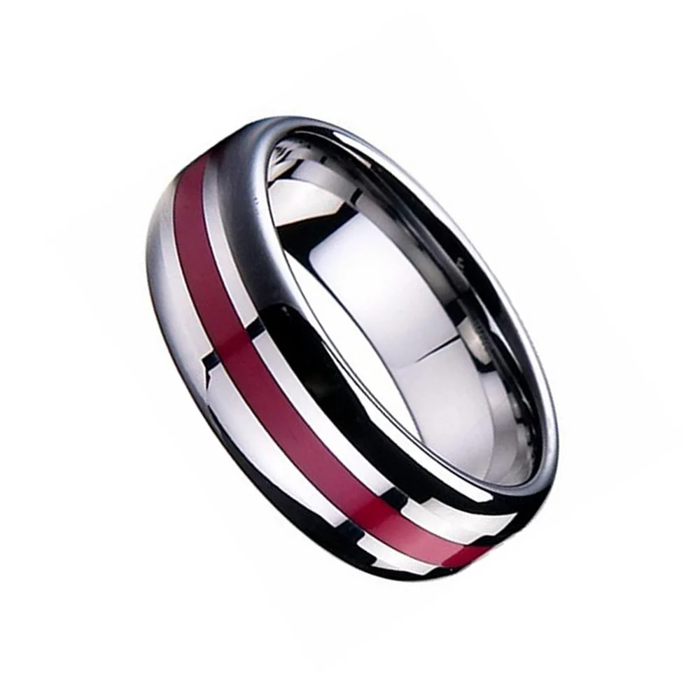 6MM 8MM Silver Tungsten Carbide Center Thin Red Line High Polished Men Wedding Bands