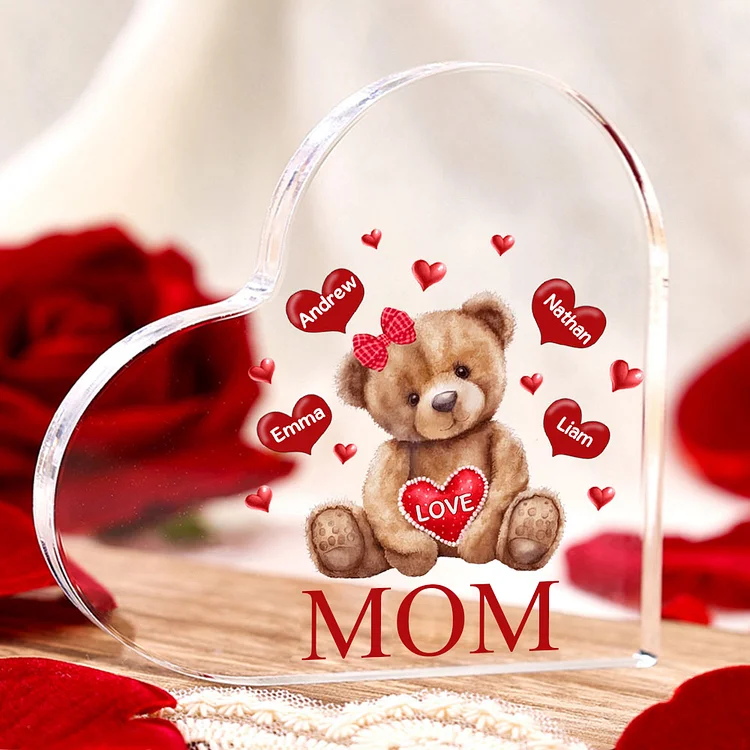 4 Names - Personalized Acrylic Heart Keepsake Custom 2 Texts Teddy Bear Ornaments Gifts for Grandma/Mother