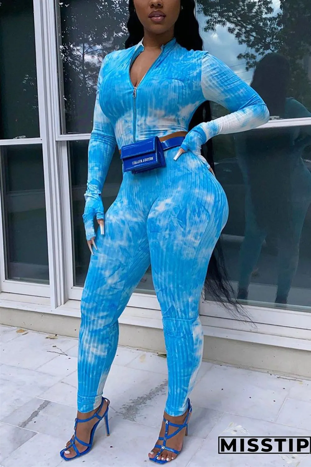 Blue Sexy Casual Print Tie-dye O Neck Long Sleeve Short Two Pieces