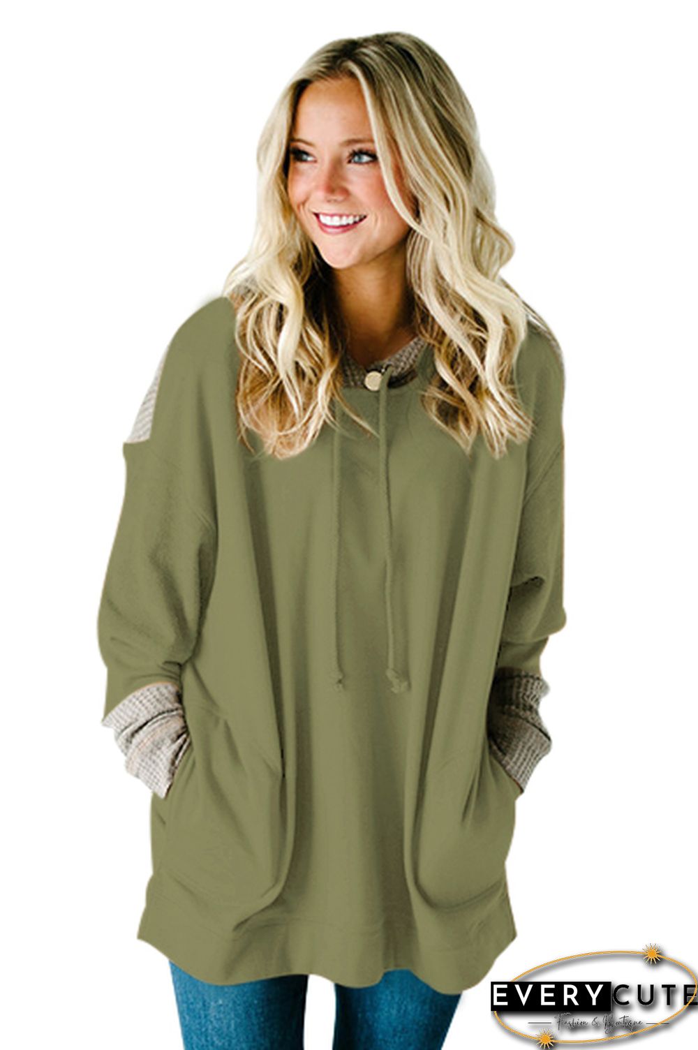 Waffle Knit Splice Army Green Pocket Hoodie