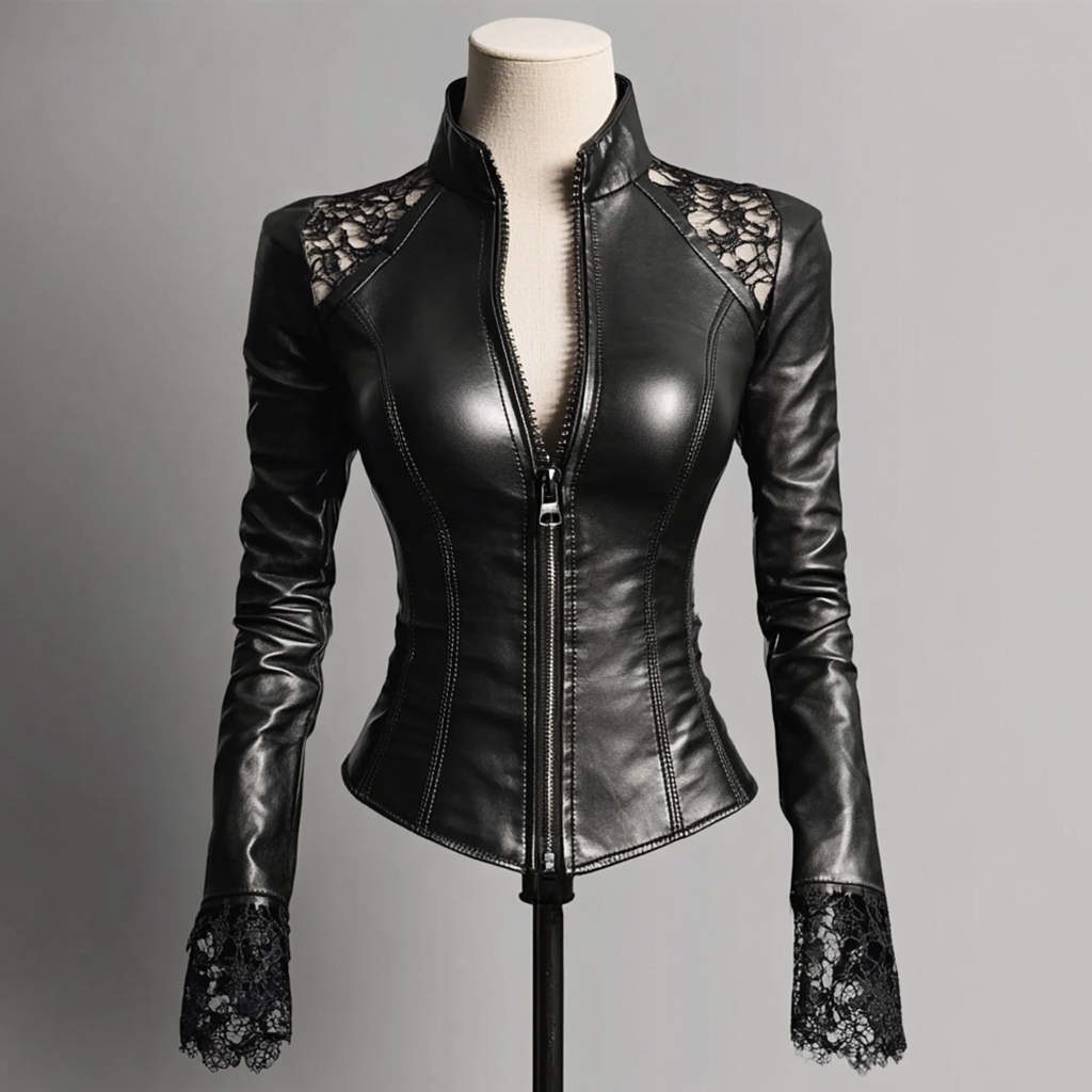 Ursime PU Leather Stand Collar Lace Patchwork Zipper Jacket