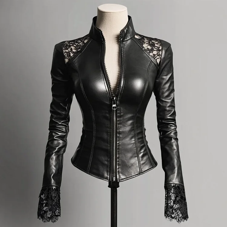 Ursime PU Leather Stand Collar Lace Patchwork Zipper Jacket
