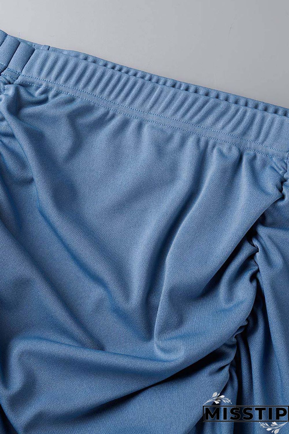 Blue Sexy Solid Drawstring Frenulum Stringy Selvedge Neck Long Sleeve Two Pieces