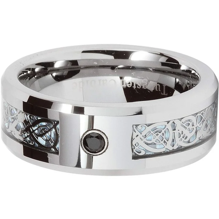 8MM Men Women Tungsten Wedding Matching Rings Silver Celtic Dragon Knot Black Cz Inlaid for Couple