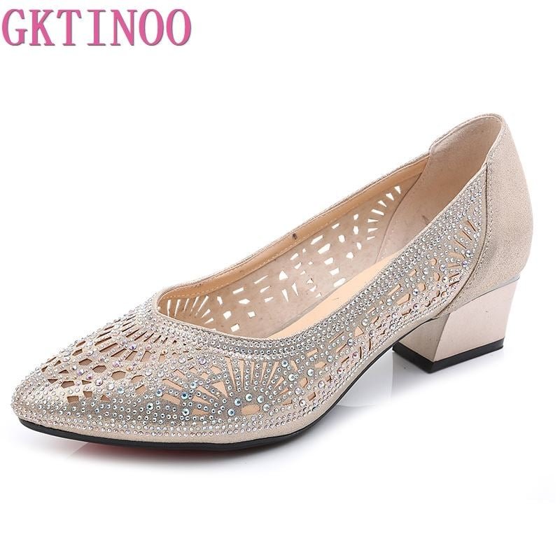 GKTINOO 2021 New Summer Fashion Pumps Cut-outs Women Crystal Casual Ladies Shoes High Heels Tenis Feminino Genuine Leather