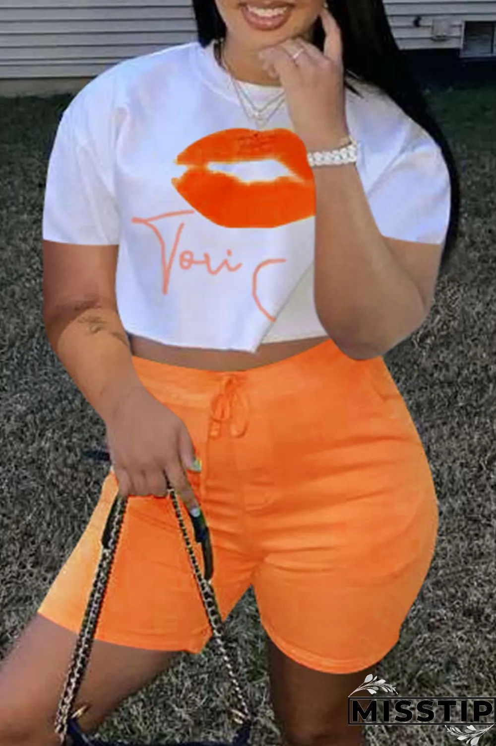 Yellow Fashion Casual Letter Lips Printed Basic O Neck Short Sleeve Two Pieces