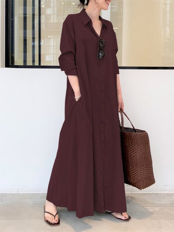 Women's Long Sleeve V-neck Buttons Maxi Dress