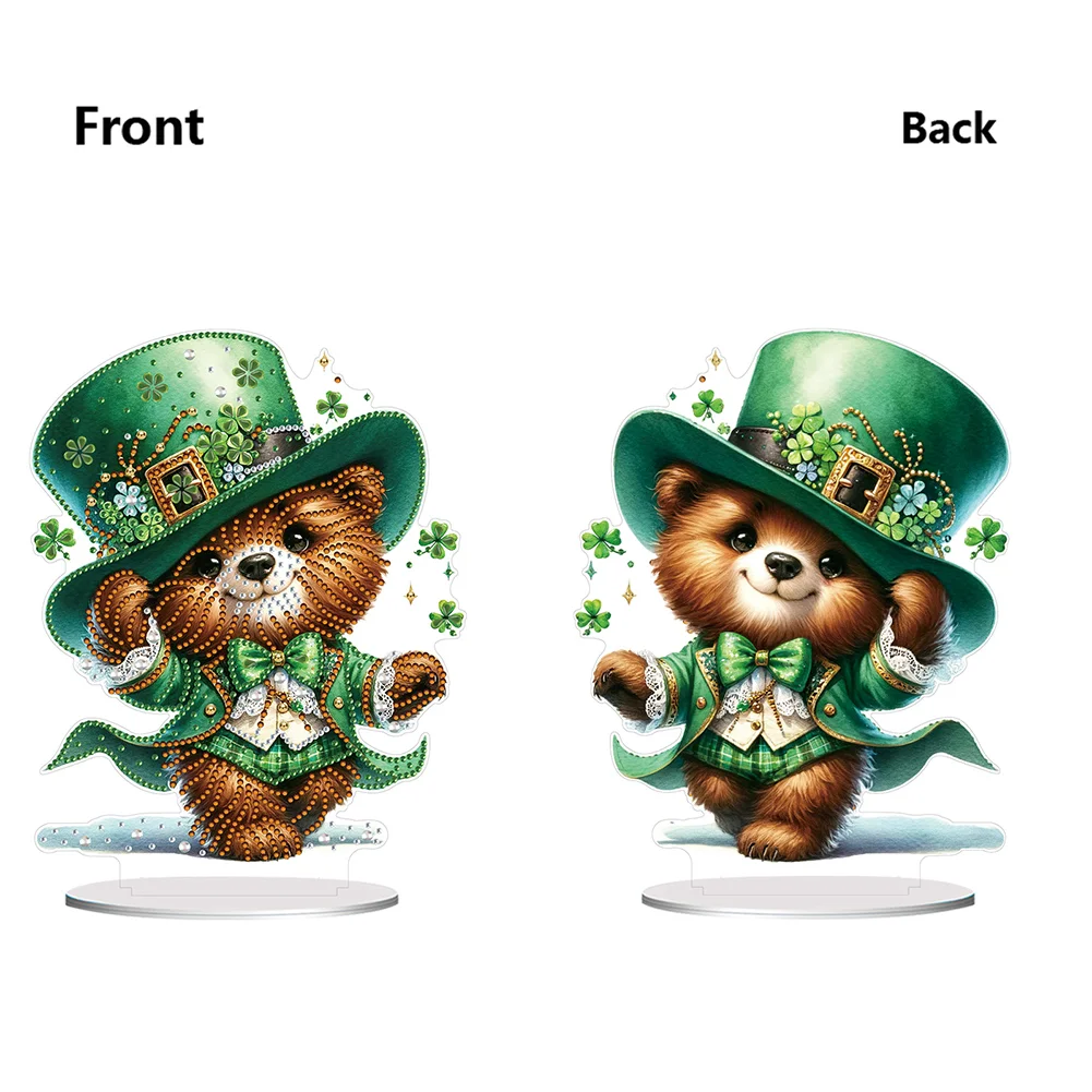 DIY Acrylic St. Patricks Day Bear Special Shape Diamond Painting Tabletop Ornament Creative Home Decor & Gift Idea for Adults - Relaxing Craft Activity