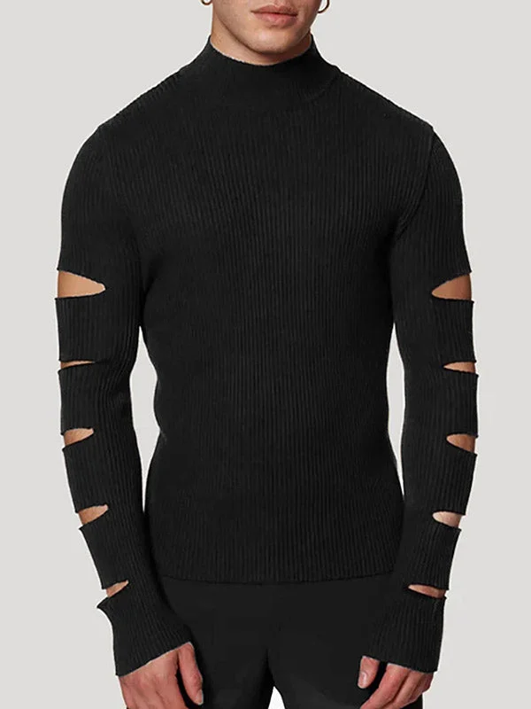 Aonga - Mens Solid Cutout High Neck Long Sleeve T-shirt