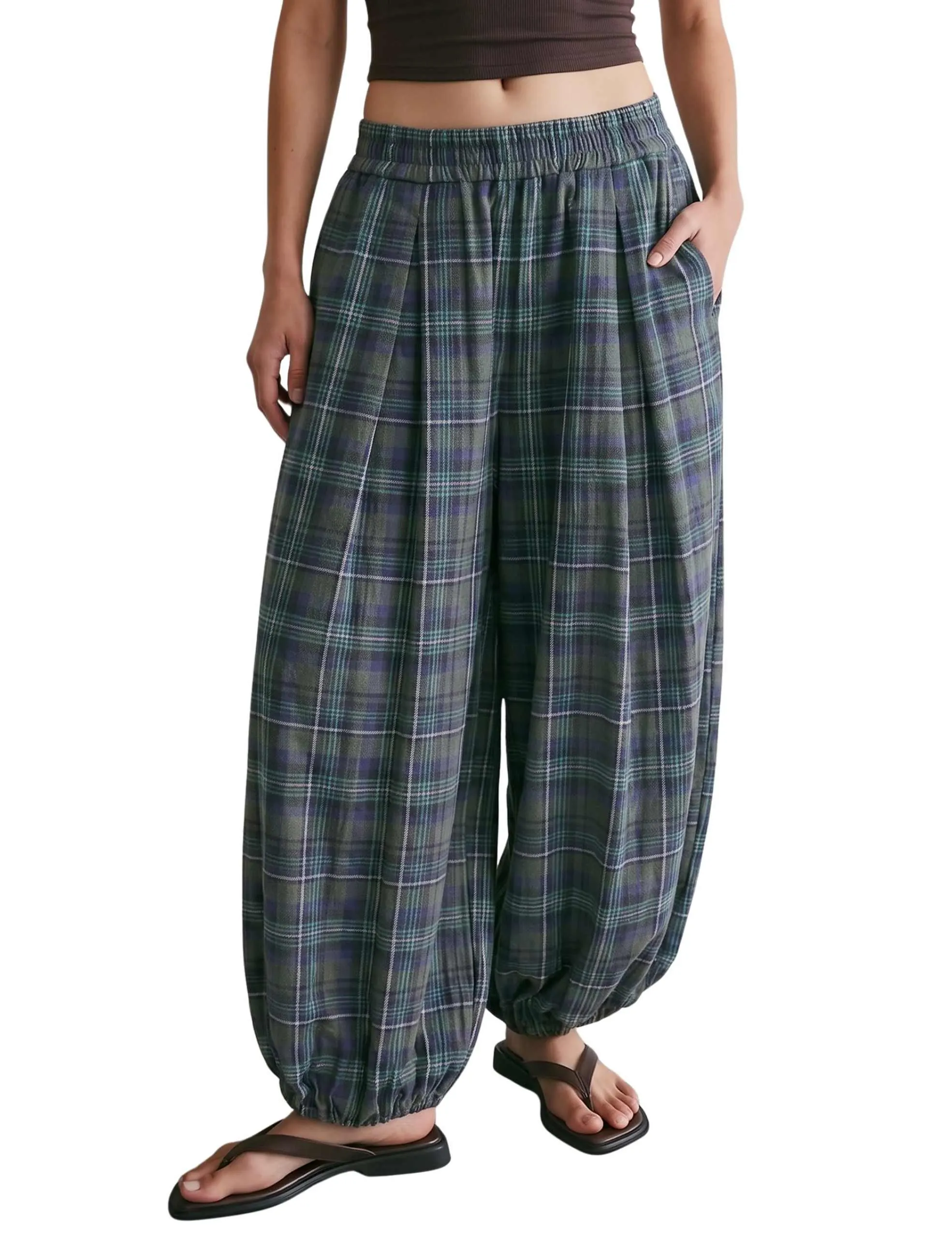Yeokou Women's Plaid Pull-On Balloon Pants