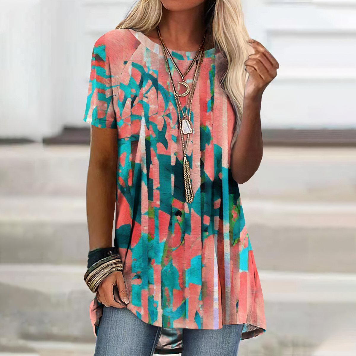 Abstract Flower Print Short-Sleeved Tunic  artssus