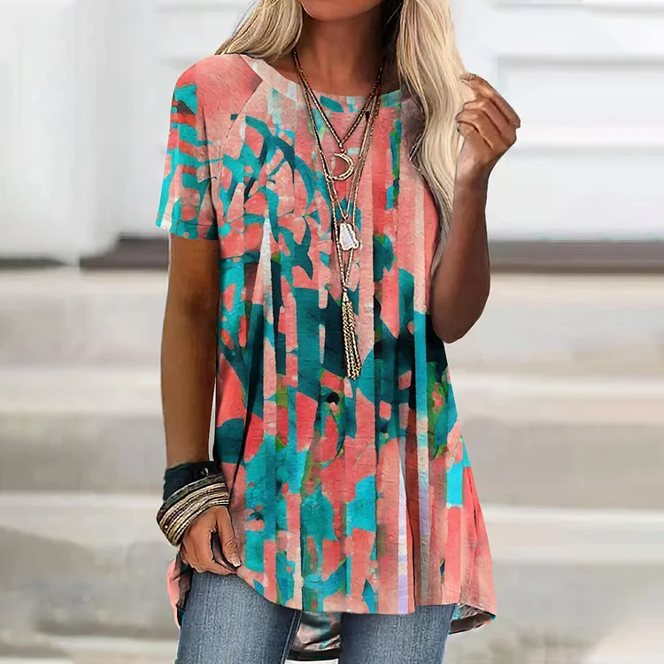 Abstract Flower Print Short-Sleeved Tunic