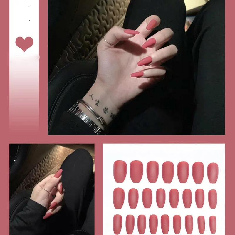 24pcs/box Full Cover fake Press on Nails Matte Yellow Pure Acrylic Frosted Ballerina acrylic for nails for Women free shipping-Nail Inspo