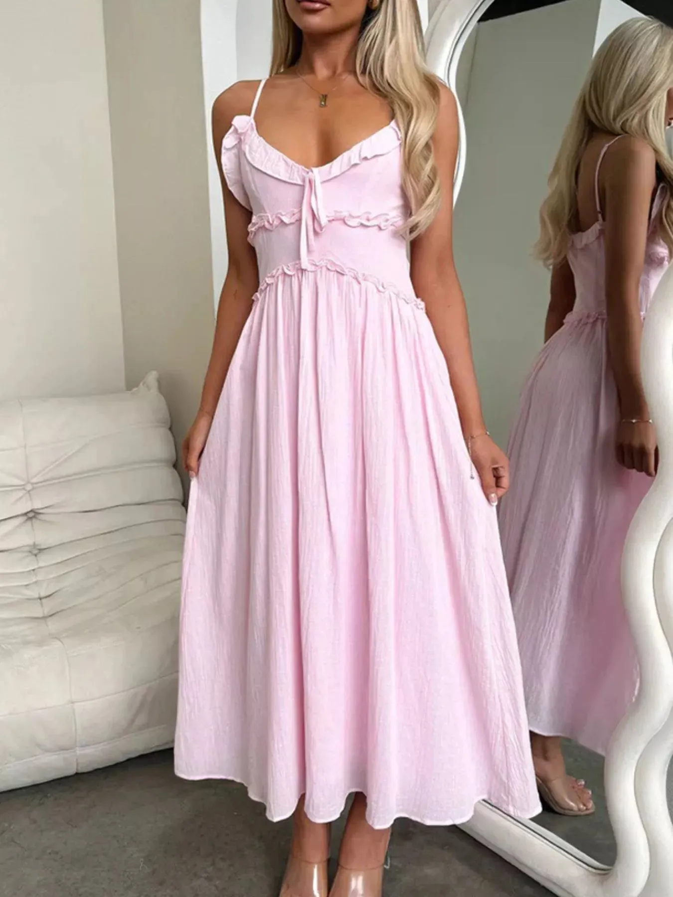 Ruffled Trimmed Spaghetti Strap Midi Dress mysite idetrend