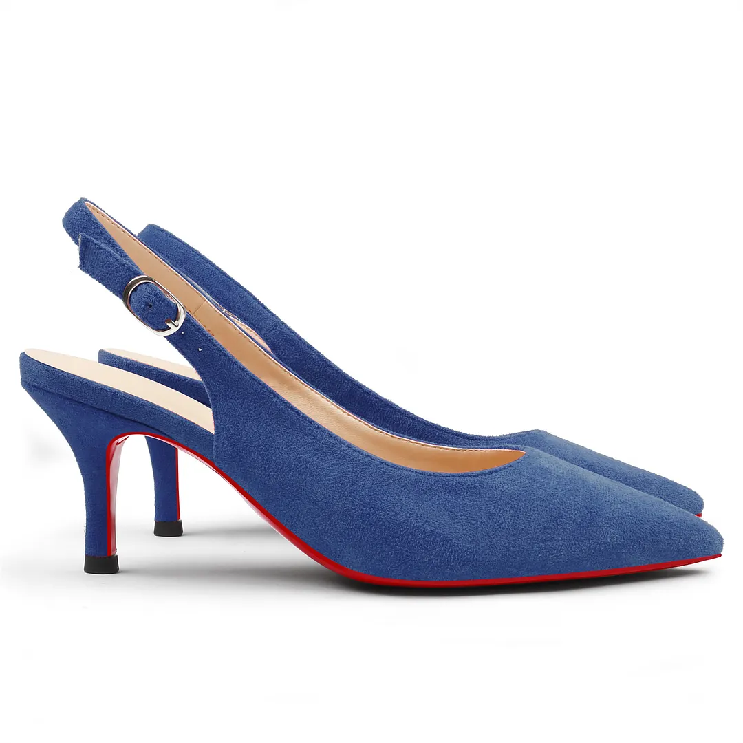 60mm Women's Pointed Toe Slingback Kitten Heels Red Bottom Suede Pumps-vocosishoes