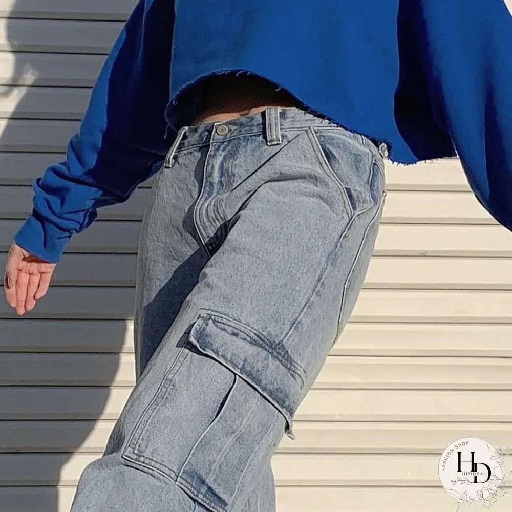 High waist jeans women streetwear straight leg jeans women blue 100 cotton cargo pants