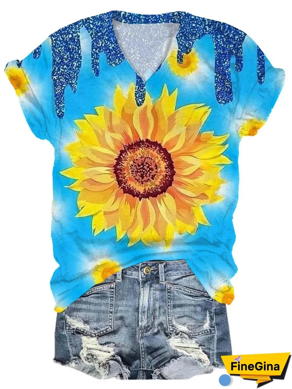 Blue Drip Sunflower V-Neck T-Shirt